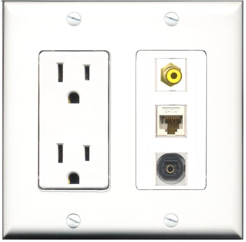 RiteAV - 15 Amp Power Outlet 1 Port RCA Yellow 1 Port Toslink 1 Port Cat6 Ethernet Ethernet White Decorative Wall Plate