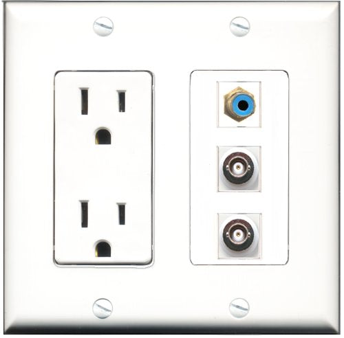 RiteAV - 15 Amp Power Outlet 1 Port RCA Blue 2 Port BNC Decorative Wall Plate