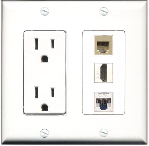 RiteAV - 15 Amp Power Outlet 1 Port HDMI 1 Port Phone Beige 1 Port Cat5e Ethernet White Decorative Wall Plate