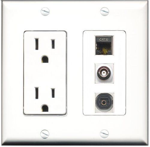 RiteAV - 15 Amp Power Outlet 1 Port Shielded Cat6 Ethernet Ethernet 1 Port Toslink 1 Port BNC Decorative Wall Plate