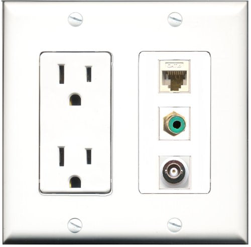RiteAV - 15 Amp Power Outlet 1 Port RCA Green 1 Port BNC 1 Port Cat6 Ethernet Ethernet White Decorative Wall Plate