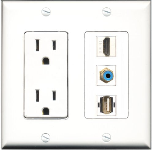 RiteAV - 15 Amp Power Outlet 1 Port HDMI 1 Port RCA Blue 1 Port USB A-A Decorative Wall Plate