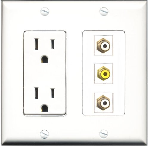 RiteAV - 15 Amp Power Outlet 2 Port RCA White 1 Port RCA Yellow Decorative Wall Plate