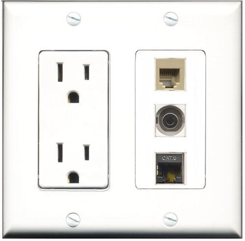 RiteAV - 15 Amp Power Outlet 1 Port Phone Beige 1 Port Shielded Cat6 Ethernet Ethernet 1 Port 3.5mm Decorative Wall Plate