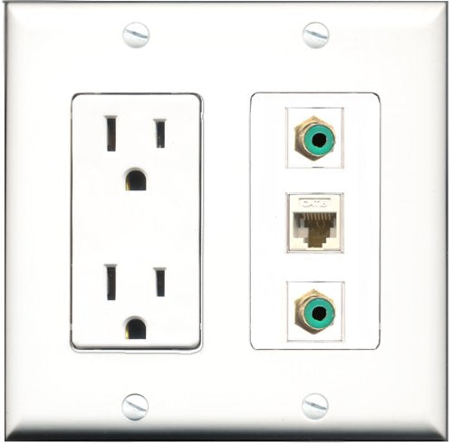 RiteAV - 15 Amp Power Outlet 2 Port RCA Green 1 Port Cat6 Ethernet Ethernet White Decorative Wall Plate