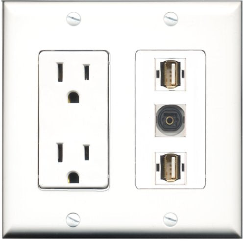 RiteAV - 15 Amp Power Outlet 2 Port USB A-A 1 Port Toslink Decorative Wall Plate