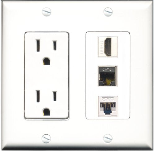 RiteAV - 15 Amp Power Outlet 1 Port HDMI 1 Port Shielded Cat6 Ethernet Ethernet 1 Port Cat5e Ethernet White Decorative Wall Plate