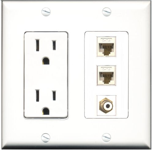 RiteAV - 15 Amp Power Outlet 1 Port RCA White 1 Port RCA Yellow 1 Port Cat6 Ethernet Ethernet White Decorative Wall Plate