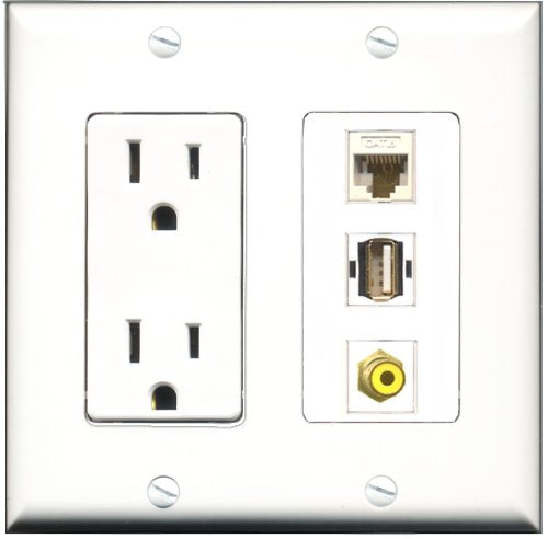 RiteAV - 15 Amp Power Outlet 1 Port RCA Yellow 1 Port USB A-A 1 Port Cat6 Ethernet Ethernet White Decorative Wall Plate