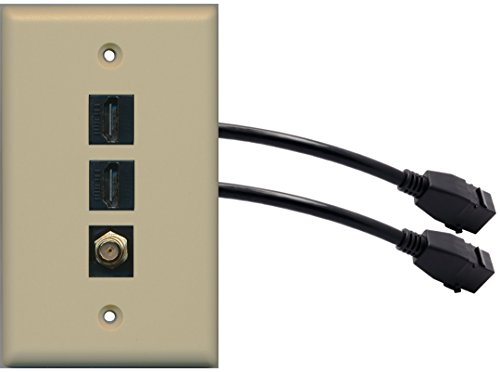 RiteAV (1 Gang Flat) 2 HDMI Black Coax Wall Plate w/ Pigtail Extension Cable Ivory