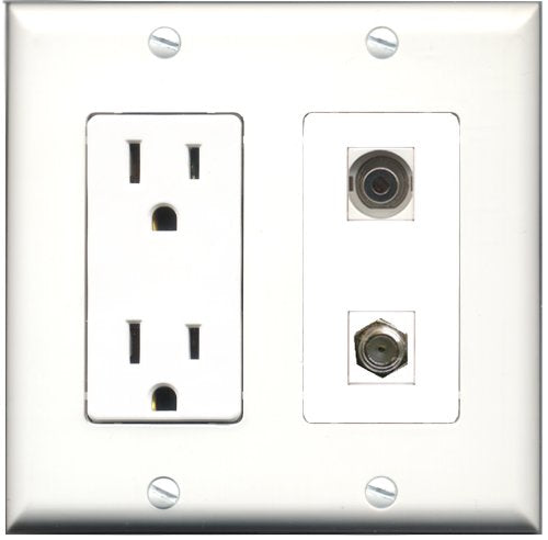 RiteAV - 15 Amp Power Outlet and 1 Port Coax Cable TV- F-Type and 1 Port 3.5mm Decorative Type Wall Plate White