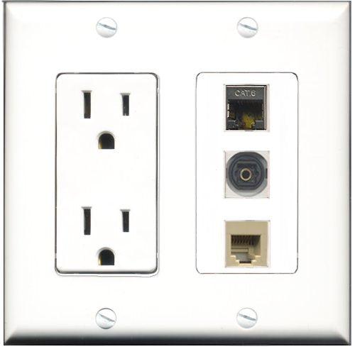 RiteAV - 15 Amp Power Outlet 1 Port Phone Beige 1 Port Shielded Cat6 Ethernet Ethernet 1 Port Toslink Decorative Wall Plate