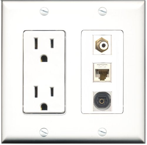 RiteAV - 15 Amp Power Outlet 1 Port RCA White 1 Port Toslink 1 Port Cat6 Ethernet Ethernet White Decorative Wall Plate