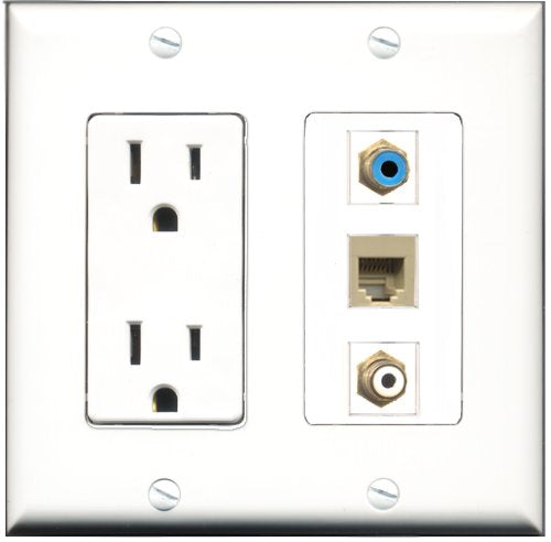 RiteAV - 15 Amp Power Outlet 1 Port RCA White 1 Port RCA Blue 1 Port Phone Beige Decorative Wall Plate