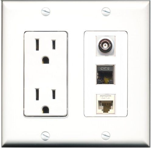 RiteAV - 15 Amp Power Outlet 1 Port Shielded Cat6 Ethernet Ethernet 1 Port BNC 1 Port Cat6 Ethernet Ethernet White Decorative Wall Plate