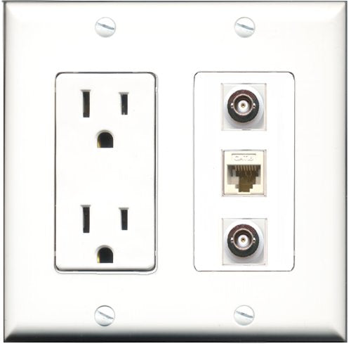 RiteAV - 15 Amp Power Outlet 2 Port BNC 1 Port Cat6 Ethernet Ethernet White Decorative Wall Plate