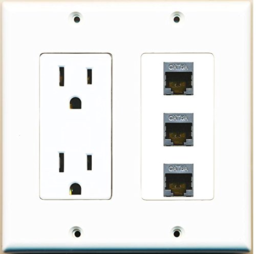 RiteAV - (2 Gang Decorative) 15 Amp 125 Volt Power Outlet and 3 Cat6a Ethernet Wall Plate White