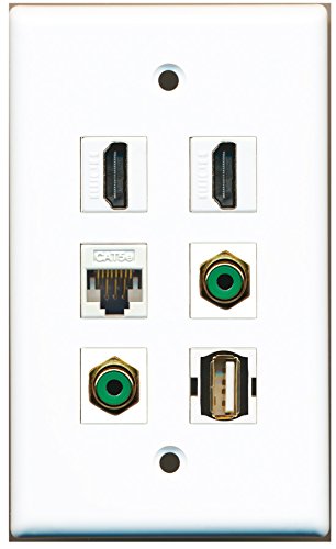 RiteAV - 2 HDMI 2 Port RCA Green 1 Port USB A-A 1 Port Cat5e Ethernet White Wall Plate