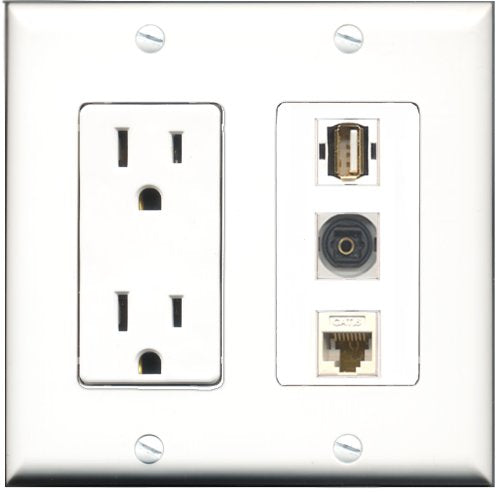 RiteAV - 15 Amp Power Outlet 1 Port USB A-A 1 Port Toslink 1 Port Cat6 Ethernet Ethernet White Decorative Wall Plate