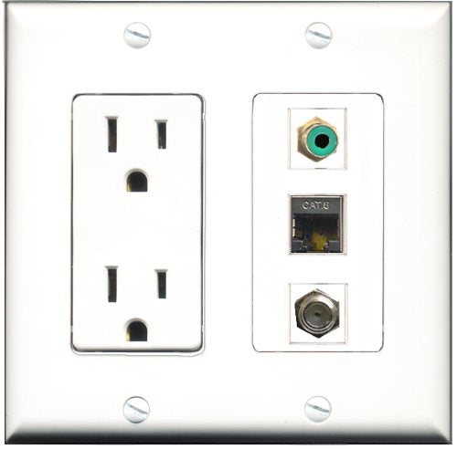 RiteAV - 15 Amp Power Outlet 1 Port RCA Green 1 Port Coax 1 Port Shielded Cat6 Ethernet Ethernet Decorative Wall Plate