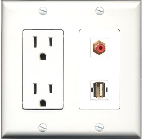 RiteAV - 15 Amp Power Outlet and 1 Port RCA Red and 1 Port USB A-A Decorative Type Wall Plate White