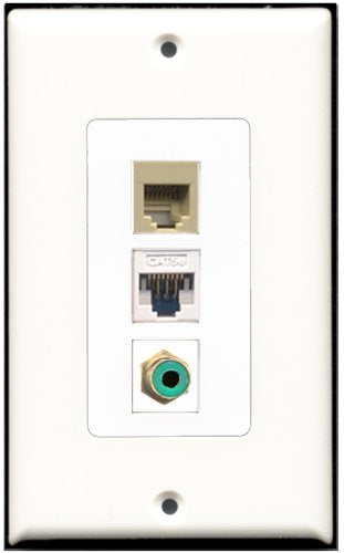 RiteAV - 1 Port RCA Green 1 Phone RJ11 RJ12 Beige 1 Cat5e Ethernet White Wall Plate Decorative