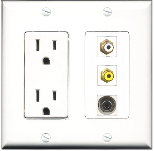 RiteAV - 15 Amp Power Outlet 1 Port RCA White 1 Port RCA Yellow 1 Port 3.5mm Decorative Wall Plate
