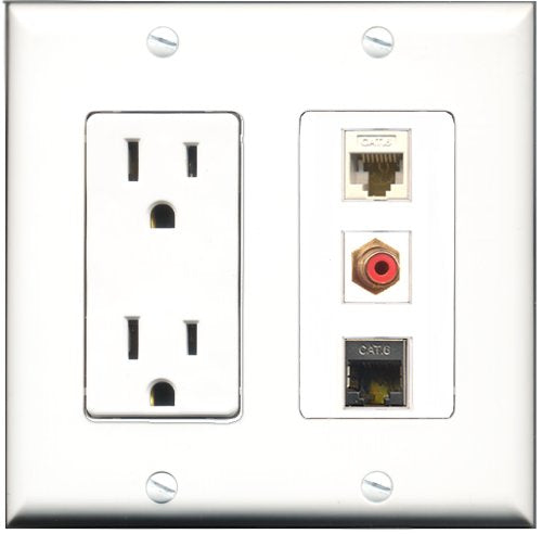 RiteAV - 15 Amp Power Outlet 1 Port RCA Red 1 Port Shielded Cat6 Ethernet Ethernet 1 Port Cat6 Ethernet Ethernet White Decorative Wall Plate