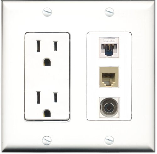 RiteAV - 15 Amp Power Outlet 1 Port Phone Beige 1 Port 3.5mm 1 Port Cat5e Ethernet White Decorative Wall Plate