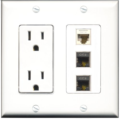 RiteAV - 15 Amp Power Outlet 2 Port Shielded Cat6 Ethernet Ethernet 1 Port Cat6 Ethernet Ethernet White Decorative Wall Plate