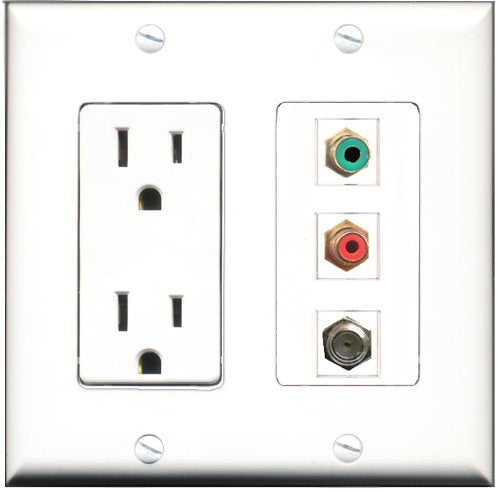 RiteAV - 15 Amp Power Outlet 1 Port RCA Red 1 Port RCA Green 1 Port Coax Decorative Wall Plate
