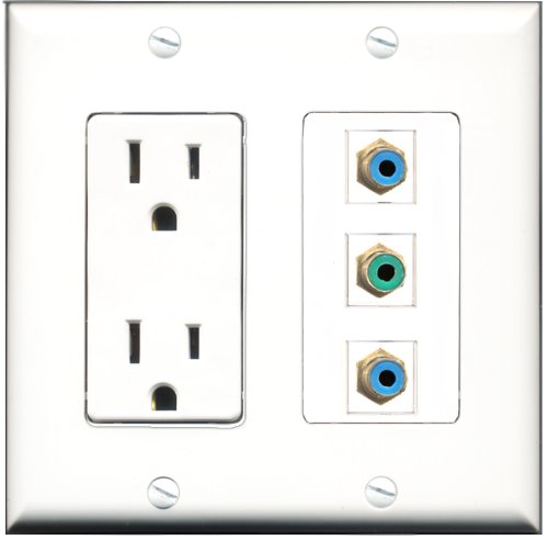 RiteAV - 15 Amp Power Outlet 1 Port RCA Green 2 Port RCA Blue Decorative Wall Plate