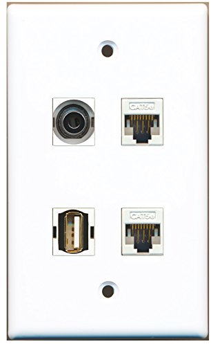 RiteAV - 1 Port USB A-A 1 Port 3.5mm 2 Port Cat5e Ethernet White Wall Plate