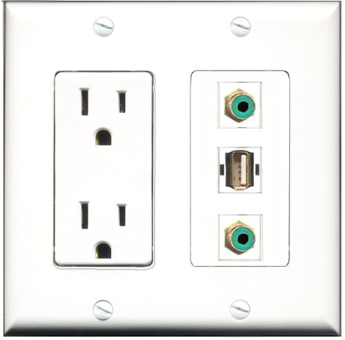 RiteAV - 15 Amp Power Outlet 2 Port RCA Green 1 Port USB A-A Decorative Wall Plate