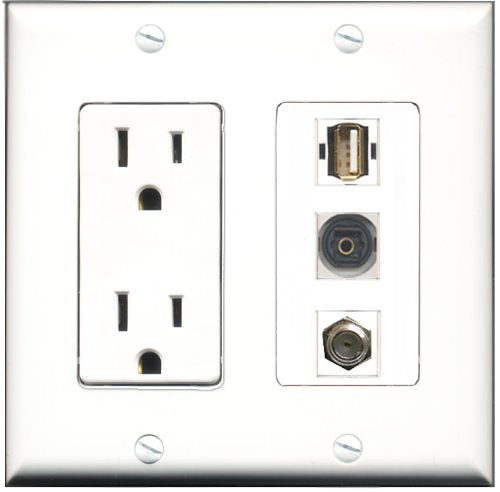 RiteAV - 15 Amp Power Outlet 1 Port Coax 1 Port USB A-A 1 Port Toslink Decorative Wall Plate