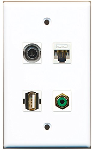 RiteAV - 1 Port RCA Green 1 Port USB A-A 1 Port 3.5mm 1 Port Cat5e Ethernet White Wall Plate