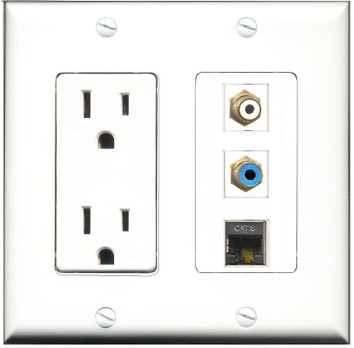 RiteAV - 15 Amp Power Outlet 1 Port RCA White 1 Port RCA Blue 1 Port Shielded Cat6 Ethernet Ethernet Decorative Wall Plate