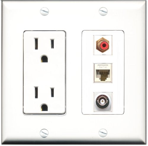 RiteAV - 15 Amp Power Outlet 1 Port RCA Red 1 Port BNC 1 Port Cat6 Ethernet Ethernet White Decorative Wall Plate