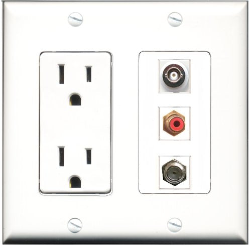 RiteAV - 15 Amp Power Outlet 1 Port RCA Red 1 Port Coax 1 Port BNC Decorative Wall Plate