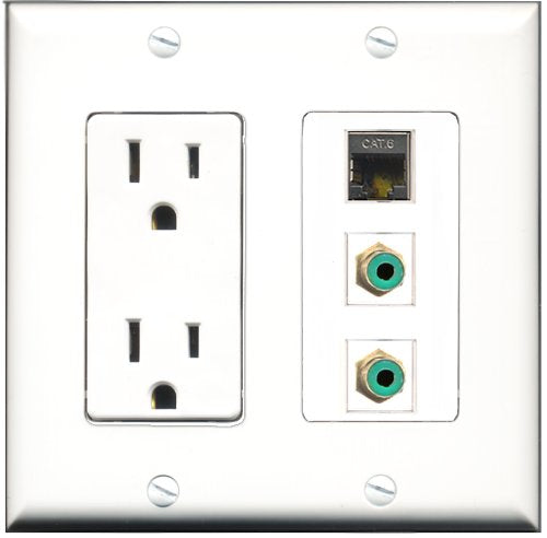 RiteAV - 15 Amp Power Outlet 2 Port RCA Green 1 Port Shielded Cat6 Ethernet Ethernet Decorative Wall Plate