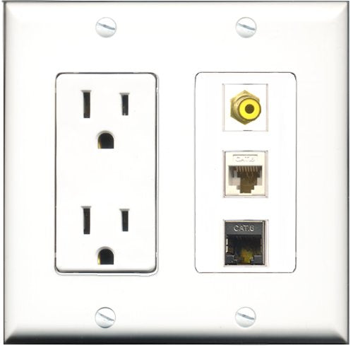 RiteAV - 15 Amp Power Outlet 1 Port RCA Yellow 1 Port Shielded Cat6 Ethernet Ethernet 1 Port Cat6 Ethernet Ethernet White Decorative Wall Plate