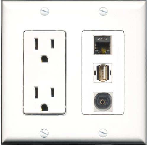 RiteAV - 15 Amp Power Outlet 1 Port USB A-A 1 Port Shielded Cat6 Ethernet Ethernet 1 Port Toslink Decorative Wall Plate