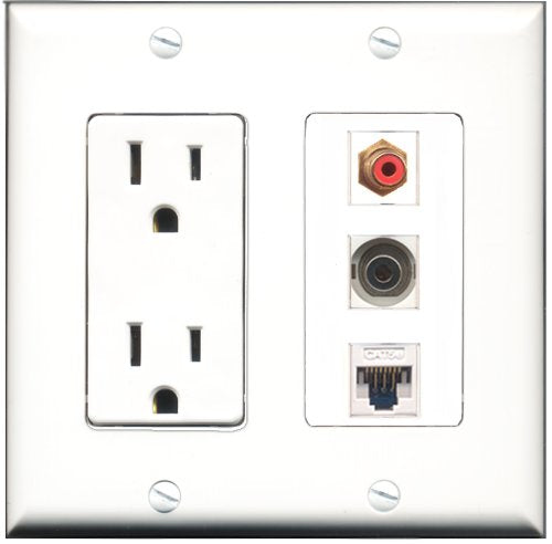 RiteAV - 15 Amp Power Outlet 1 Port RCA Red 1 Port 3.5mm 1 Port Cat5e Ethernet White Decorative Wall Plate