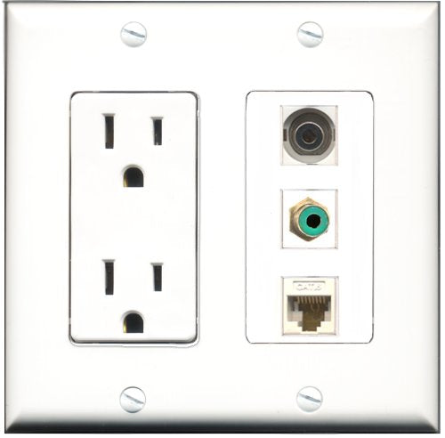 RiteAV - 15 Amp Power Outlet 1 Port RCA Green 1 Port 3.5mm 1 Port Cat6 Ethernet Ethernet White Decorative Wall Plate