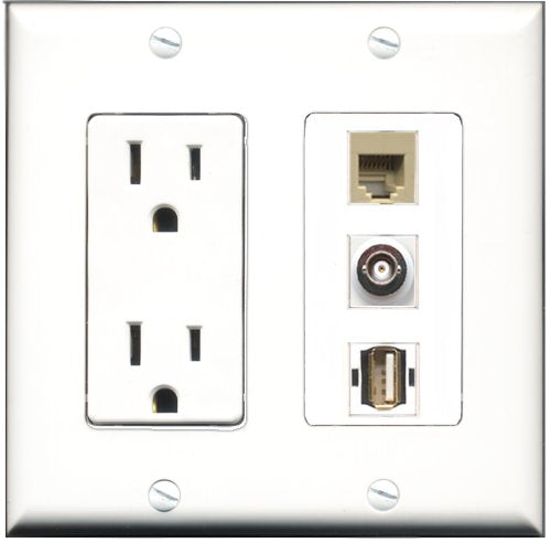 RiteAV - 15 Amp Power Outlet 1 Port USB A-A 1 Port Phone Beige 1 Port BNC Decorative Wall Plate