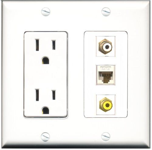 RiteAV - 15 Amp Power Outlet 1 Port RCA White 1 Port RCA Yellow 1 Port Cat6 Ethernet Ethernet White Decorative Wall Plate