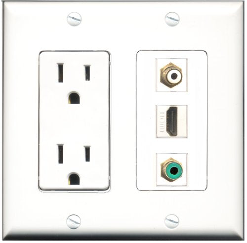 RiteAV - 15 Amp Power Outlet 1 Port HDMI 1 Port RCA White 1 Port RCA Green Decorative Wall Plate