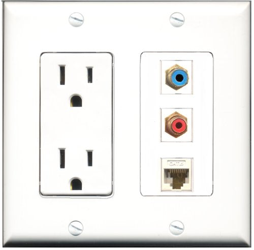 RiteAV - 15 Amp Power Outlet 1 Port RCA Red 1 Port RCA Blue 1 Port Cat6 Ethernet Ethernet White Decorative Wall Plate