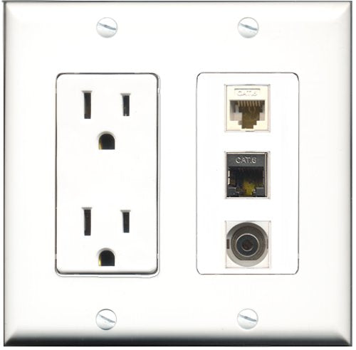 RiteAV - 15 Amp Power Outlet 1 Port Shielded Cat6 Ethernet Ethernet 1 Port 3.5mm 1 Port Cat6 Ethernet Ethernet White Decorative Wall Plate