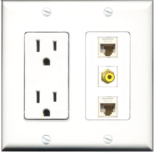 RiteAV - 15 Amp Power Outlet 1 Port RCA Yellow 2 Port Cat6 Ethernet Ethernet White Decorative Wall Plate
